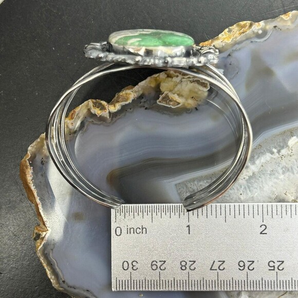 Sterling Silver Southwestern Style Large Oval Variscite Decorated Bracelet - Picture 8 of 10